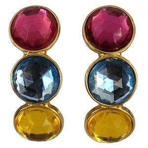 Gold Tone Pink Yellow Blue Faceted Lucite Dots Clip-On Earrings K713